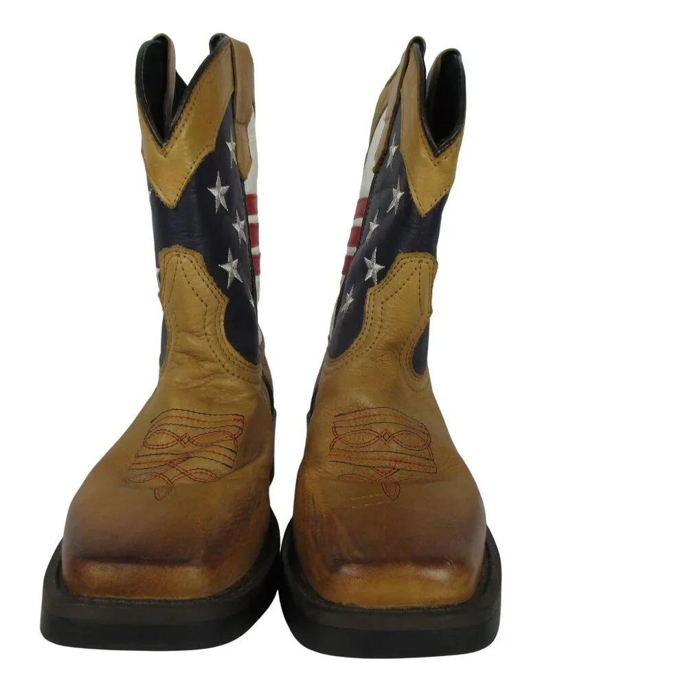 Cody James Toddler Boys' USA Flag Leather Western Boots Broad Square Toe Brown